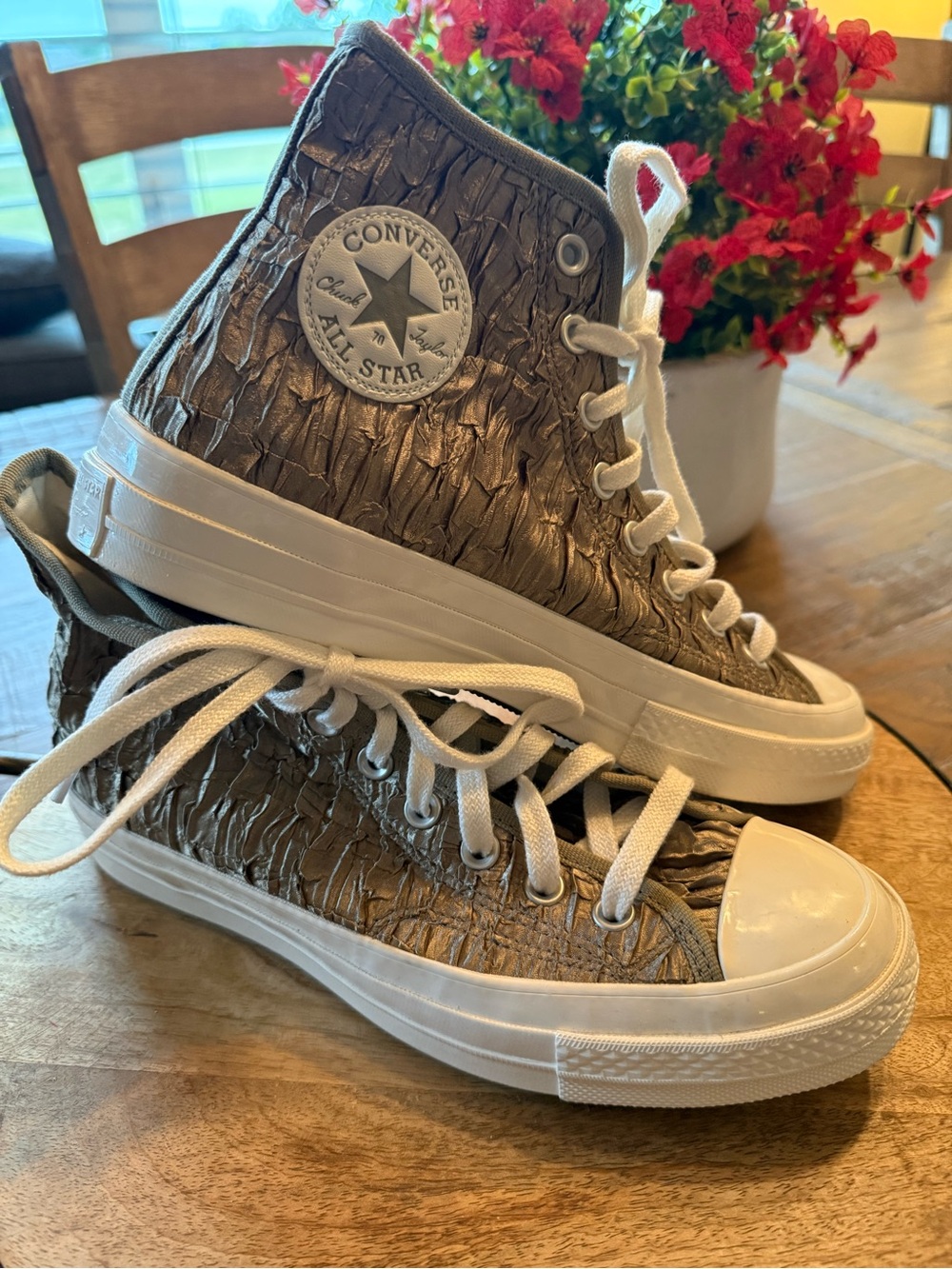 Converse High Top Sneakers in Metallic Olive Green with White Accents